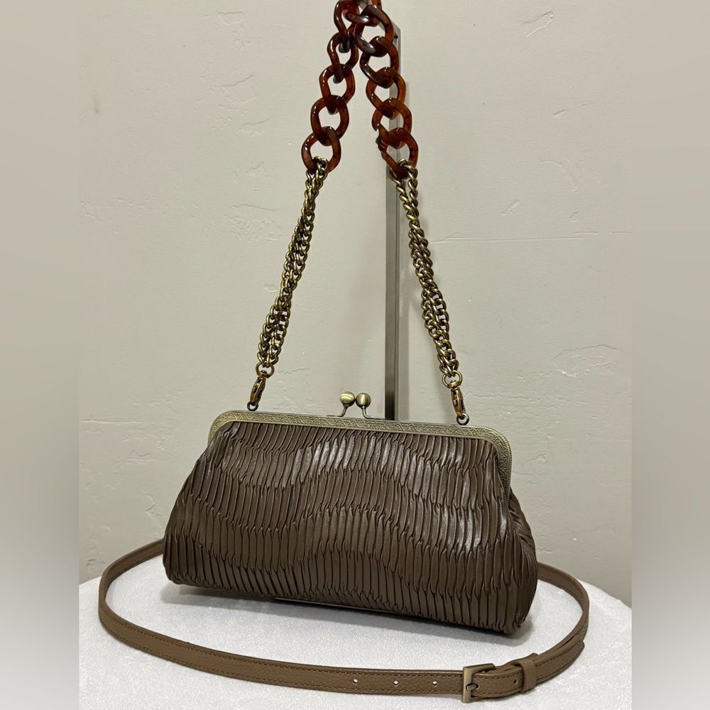 Brownish Pleated Genuine Leather Handmade Retro Kisslock Clutch, Multi Use Purse - Picture 9 of 16